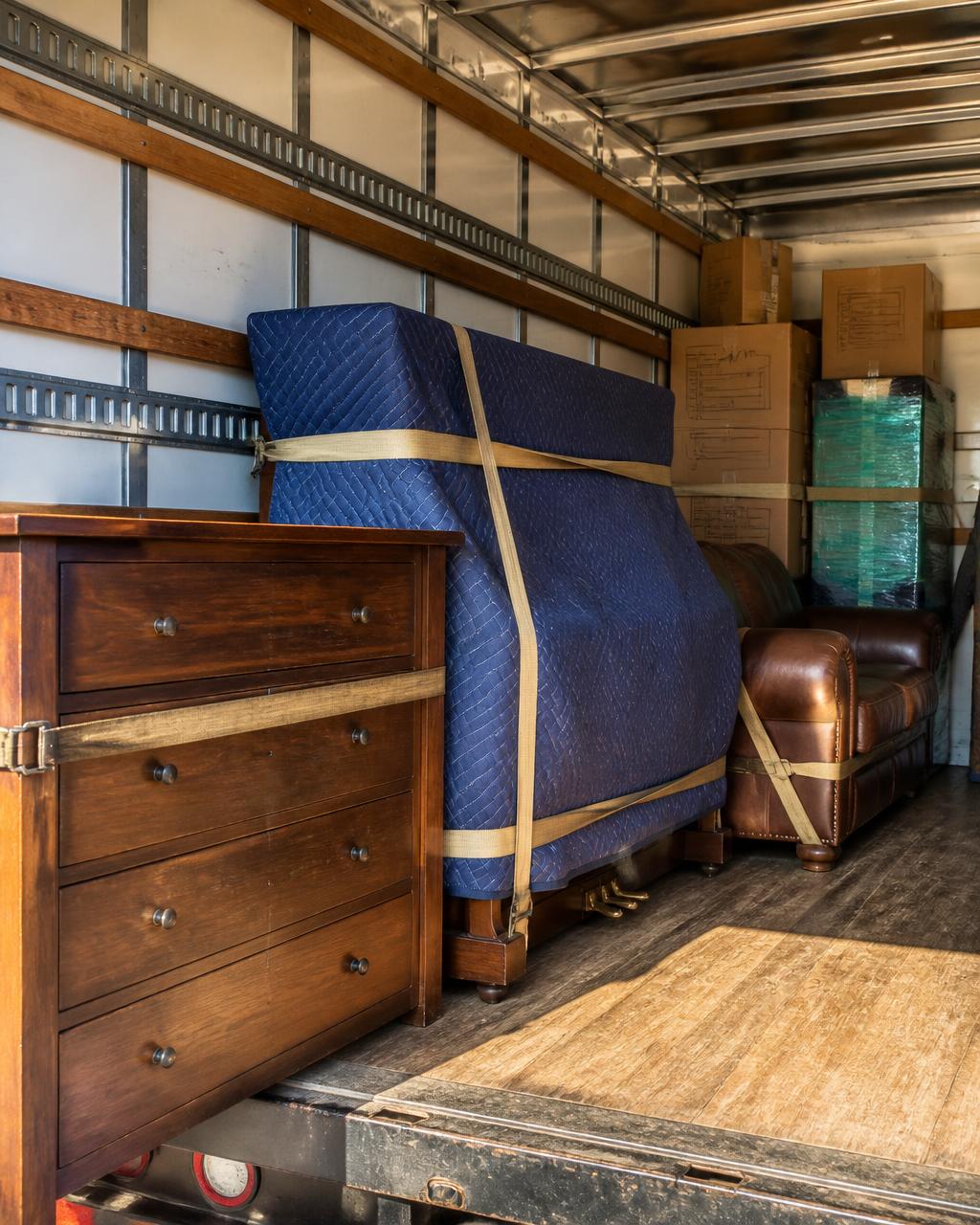Moving truck loaded with a heavy dresser, blanket-wrapped piano and leather sofa secured with straps
